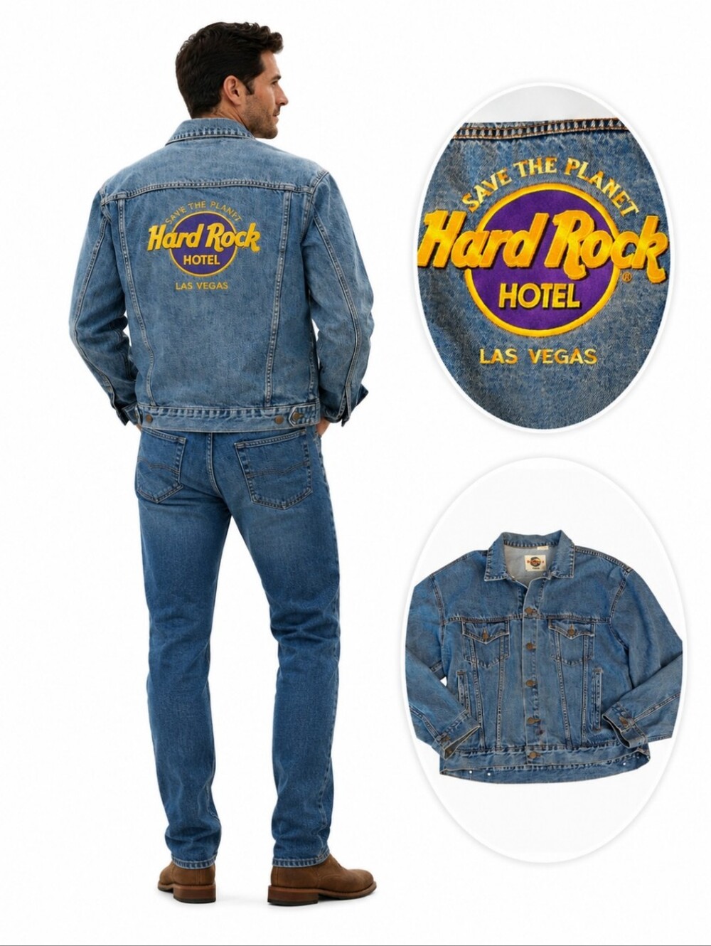 Vtg 90s Hard Rock Hotel Las Vegas Denim Trucker Jean Jacket Streetwear Cool XL